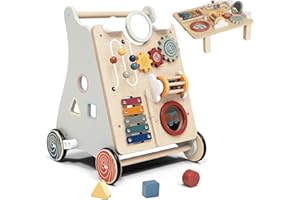 Baby Push Walker with Detachable Busy Board, Wooden Baby Walker with Adjustable Speed Wheels, Montessori Push Walker for Babi