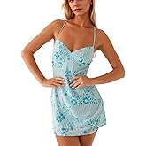 calbatic Women Sequin Sparkly Rhinestone Mini Dress Sleeveless Backless Deep V Neck Glitter Short Cami Dress Party Clubwear