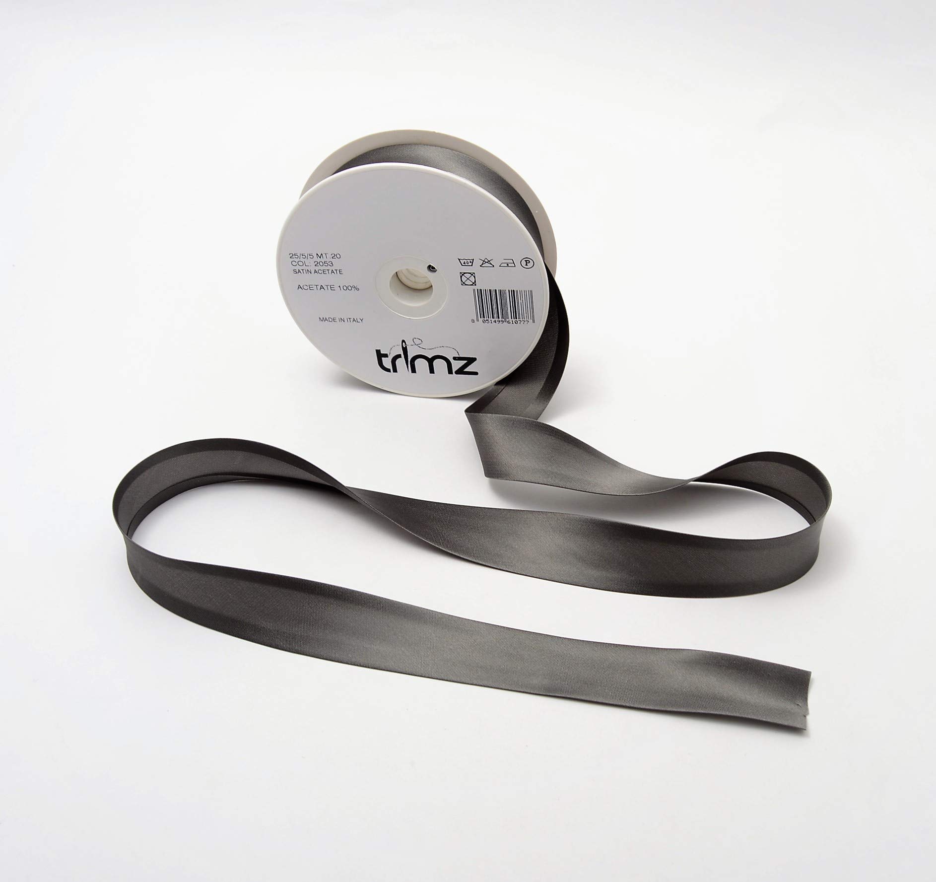 Trimz Acetate Satin Bias Binding Tape, 25mm Width, Dark Grey (Color 2053) – Silky Decorative Edging for Dressmaking, Bridal, and Formal Wear – 25/5/5mm Folded Trim