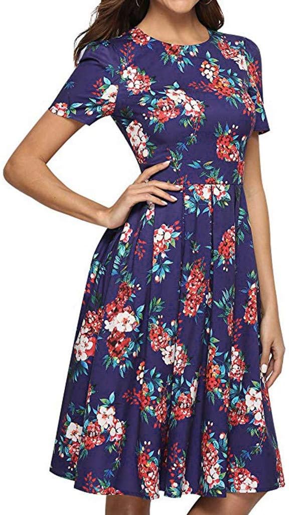 Women's Print Short Sleeve Pleated Dress Temperament Casual Sheer Elegant Party Cocktail Evening Dress