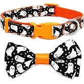 Halloween Dog Collar with Bow Tie, Adjustable Ghost Print, Nylon, Small | 1 adjustable nylon dog collar; fits 11-17 in necks; 5/8 in wide; quick-release buckle; attached bow tie; ghost print ```