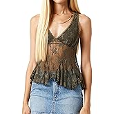 Miqil Women Sexy Semi Sheer Lace Top Cute Ruffle Hem Backless Deep V Neck Peplum Tank Top Summer Beachy Going Out Camisole