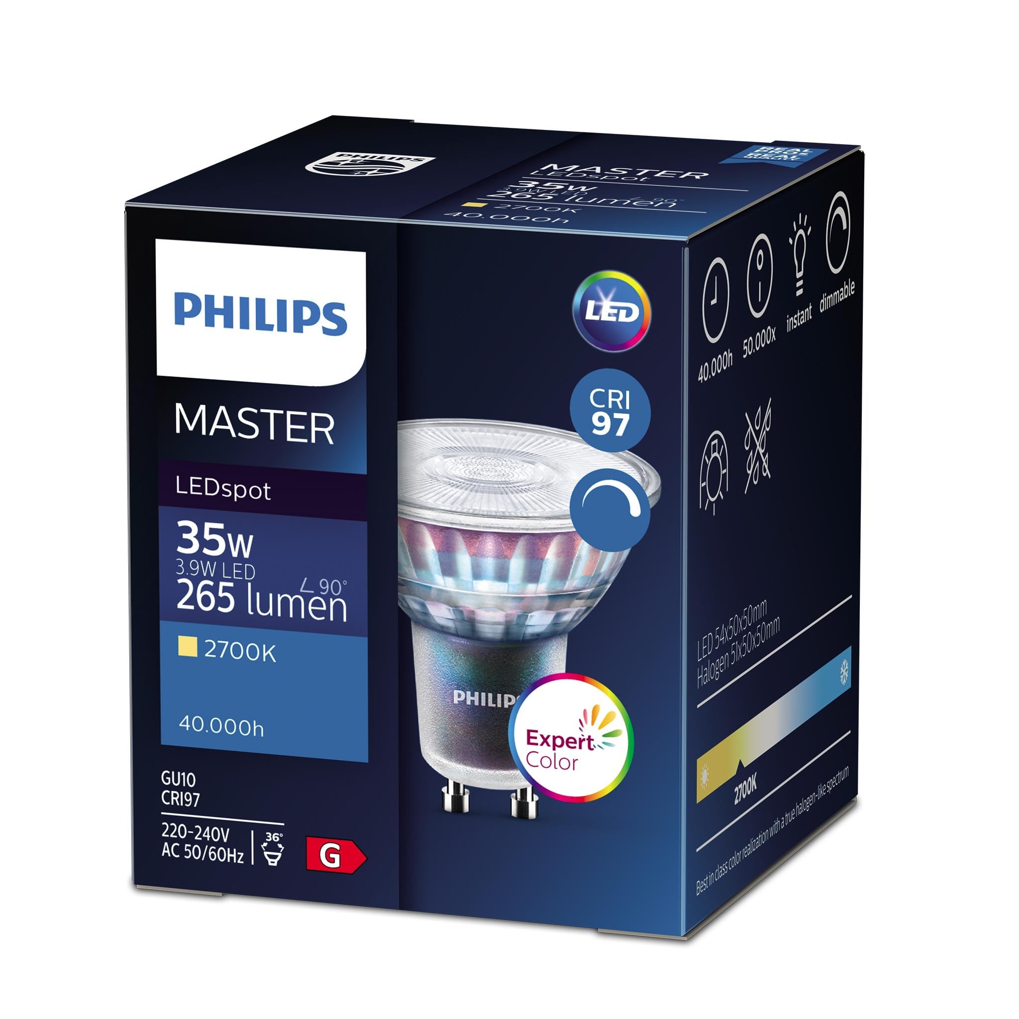 Master MAS LED ExpertColor GU10 Dimmable LED Bulb 3.9W (35W Equivalent), Warm White 2700K, CRI 97, 265 lm, 36° Beam Angle, 40,000h Lifespan, Clear Glass PAR16 Accent Light