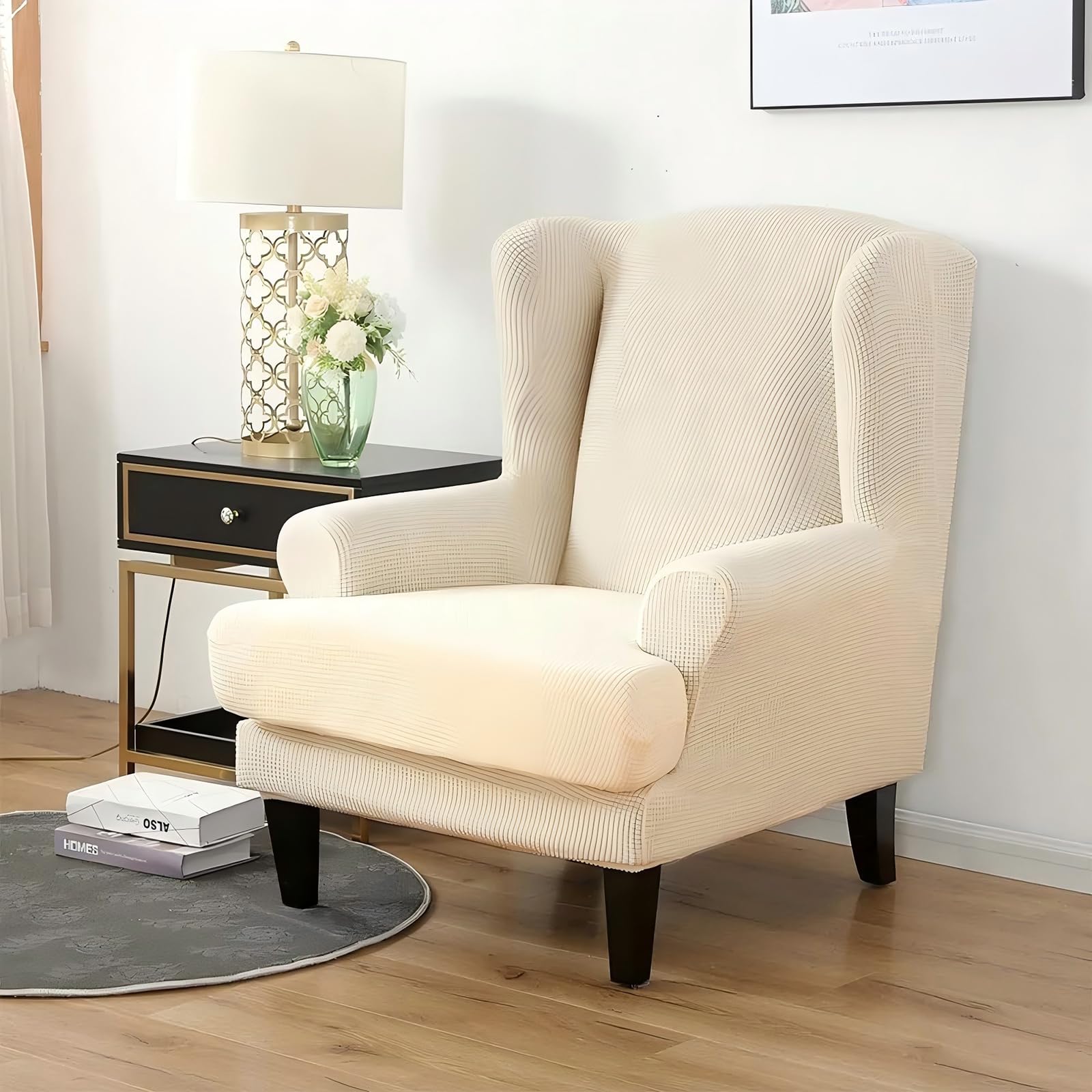 PETCUTE Wing Chair Slipcovers Armchair Covers with Ears Stretch Wing Chair Covers Jacquard Furniture Protector White