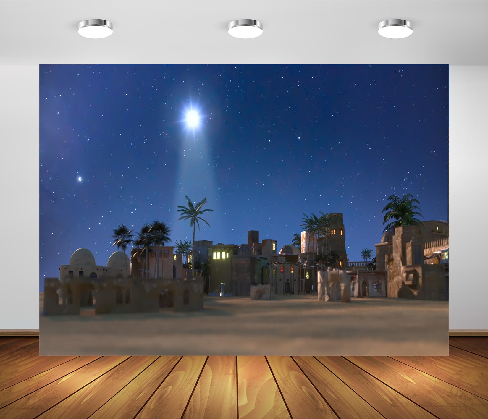 BELECO Fabric Nativity Backdrop - 2.1x1.5m Christmas Star Night Manger Bethlehem Town Village Background Star of Bethlehem Religious Church Decoration