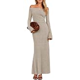 ZESICA Women's Long Sleeve Off Shoulder Fall Ruched Bodycon Knit Dresses | Stretchy Ribbed Knit, Bell Sleeve, Wedding Guest M