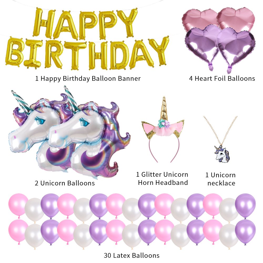 Birthday Party Decoration Kits 40 pcs Glitter Unicorn Headband,Gold Happy Birthday Banner,Foil Party Balloons, Headband for Kids Girls Birthday Party (Pink)