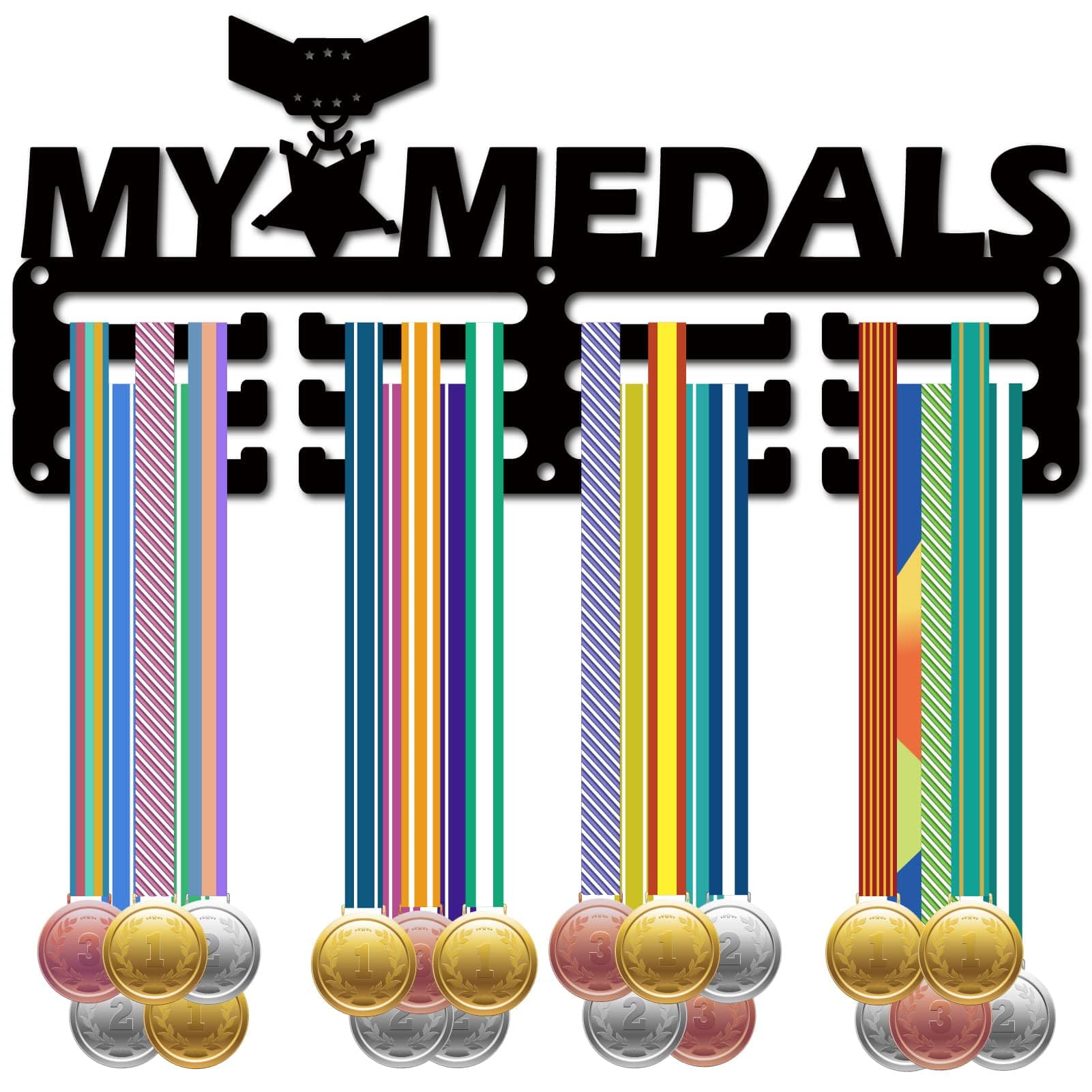 CREATCABIN My Medals Medal Hanger Display Swimming Medal Holder Rack Sports Cheer Medals Case Frame Small Black Metal Mount Decor over 40+ Medals for Wall Marathon Players Athletes 11.4x5.1Inch