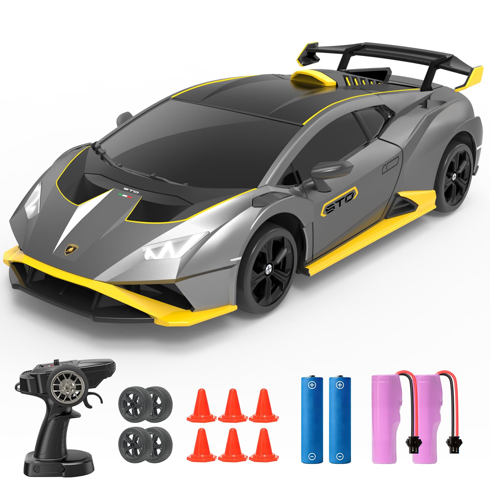 YONCHER RC Ferngesteuertes Auto Drift, Lamborghini Offiziell Lizenziert, 1:24 20KM/H 4WD RC Drift Car, RC Auto mit Leuchten, für ab 4,5,6,7,8 + Jahre Kinder und Erwachsene, Grau