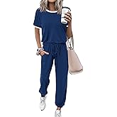 MASCOMODA Womens 2 Piece Outfits 2026 Summer Tracksuit Sets Short Sleeve Tops Travel Long Pants Jogger Lounge Set