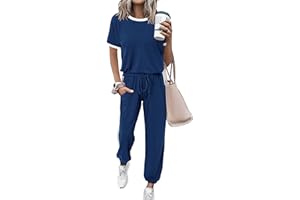 MASCOMODA Womens 2 Piece Outfits 2025 Summer Tracksuit Sets Short Sleeve Tops Travel Long Pants Jogger Lounge Set