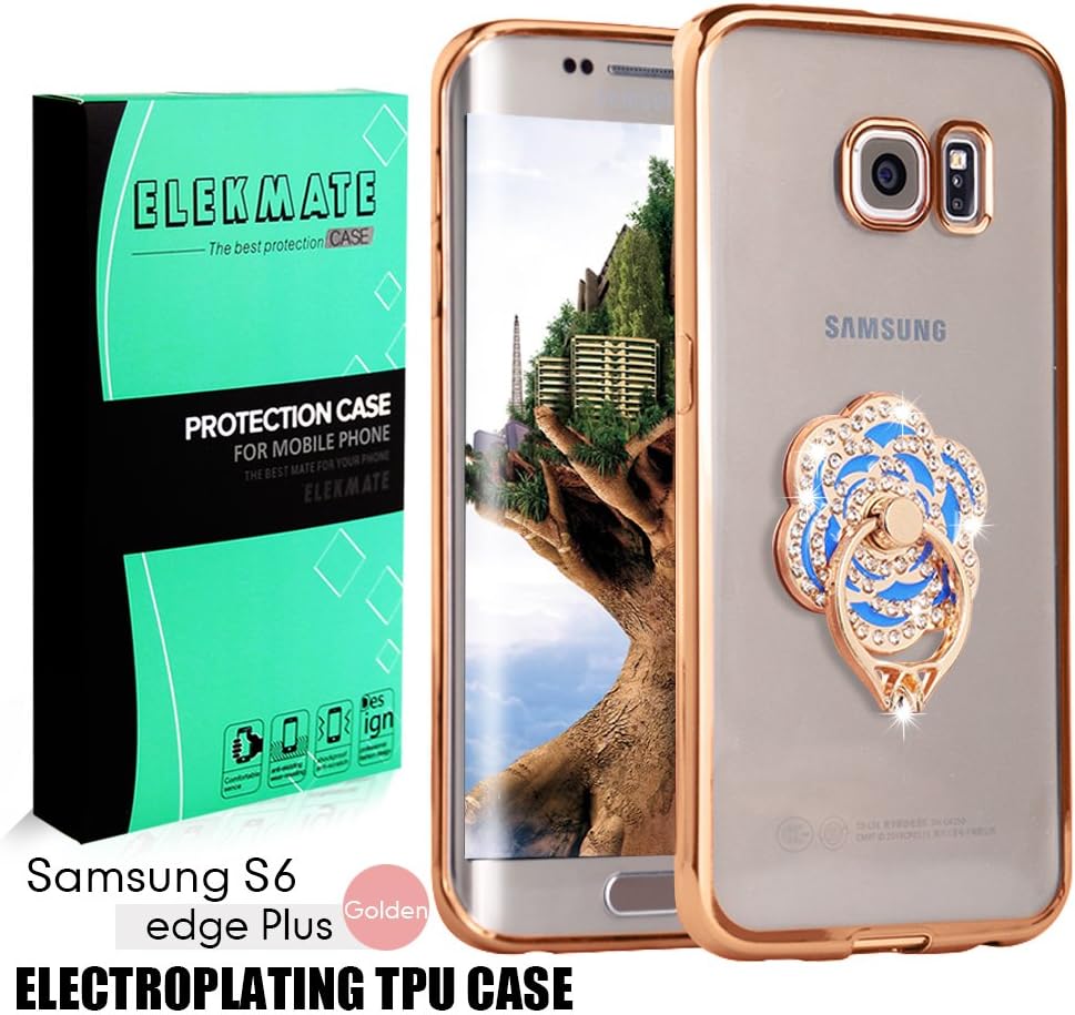 [Ring Buckles + Electroplate Frame TPU] Samsung Galaxy S6 Edge+ / S6 Edge Plus Clear Case, ELEKMATE Ultra Thin Protective Back Cover Case for S6 Edge+ / S6 Edge Plus [CZ Diamond] (Gold+Blue Flower)