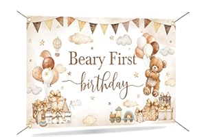 Mocsicka Beary First Birthday Banner Decorations Bear Theme Baby Boy First Birthday Backdrop Decorations Boy One Year Old Par