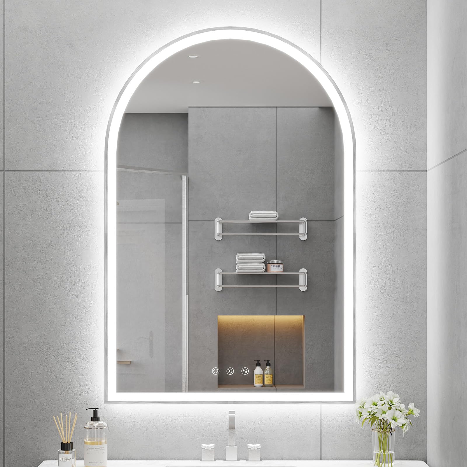 Photo 1 of **UNTESTED**
OUMUSU Arched LED Mirror for Bathtoom 24"x36", Brushed Nickel LED Bathroom Mirror with Lights-Fogless, Dimmable, Shatterproof, Touch Sensor, 3 Color Changing