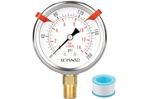 SCTSNSR 0 to 200 Psi Pressure Gauge, Glycerin Liquid Filled, 2.5 inch Dial, 1/4" NPT Lower Mount, Stainless Steel Case, for Air Compressor, Shock, Water System, Well Pump, Tank, Pipe, Pressure Test
