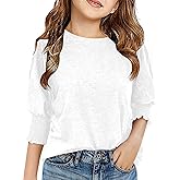 Haloumoning Girls' 3/4 Sleeve T Shirts Summer Cute Crewneck Basic Tees Ruffle Casual Blouse for 5-14Y
