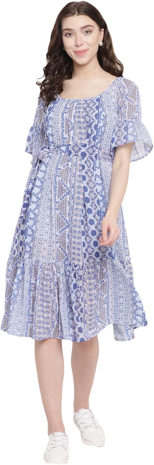 Women's Georgette A-line Dress in Sky Blue