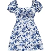 Floerns Women's Floral Puff Sleeve Square Neck A Line Dress Ruched Bust Boho Flared Mini Dresses