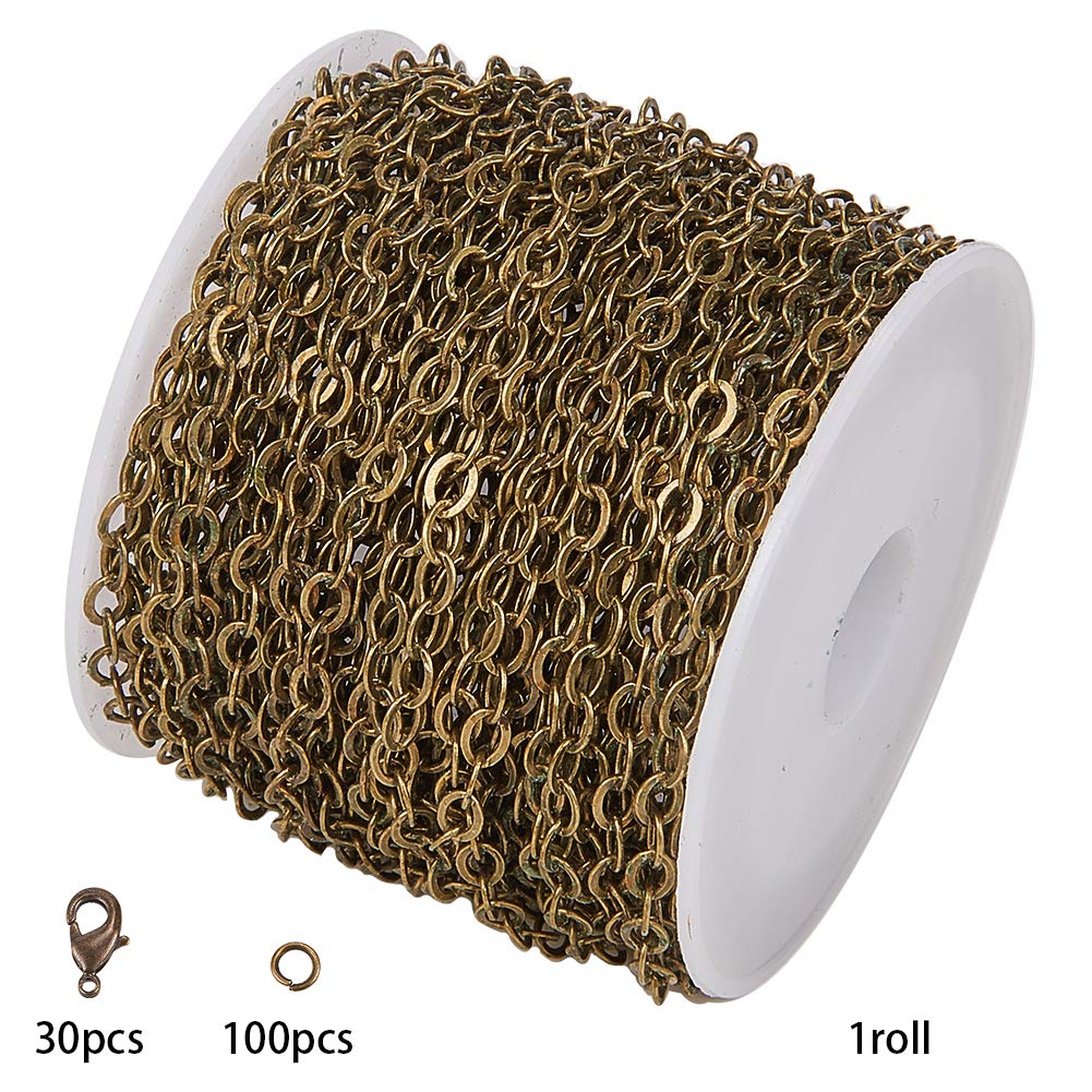 SUNNYCLUE DIY 33 Feet Antique Bronze Curb Cable Chain Link Necklace Small Width 3mm 30 Brass Lobster Claw Clasps, 100 Brass Jump Rings Antique Bronze Jewelry Chain for Jewelry Bracelet Necklace Making