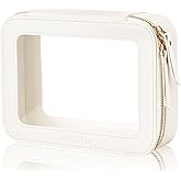 MSTONAL Clear Makeup Bag, Travel Toiletry Bag Cosmetic Case for Women, Waterproof Portable Make Up Skincare Pouch with Zipper, Compact Car Organizer Bag for Essentials, Medium Size, Ivory White