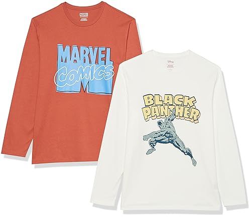 Amazon Essentials Disney | Marvel | Star Wars Men's Long-Sleeve T-Shirts, Pack of 2, Marvel Comic Logo/Marvel Black Panther, X-Large
