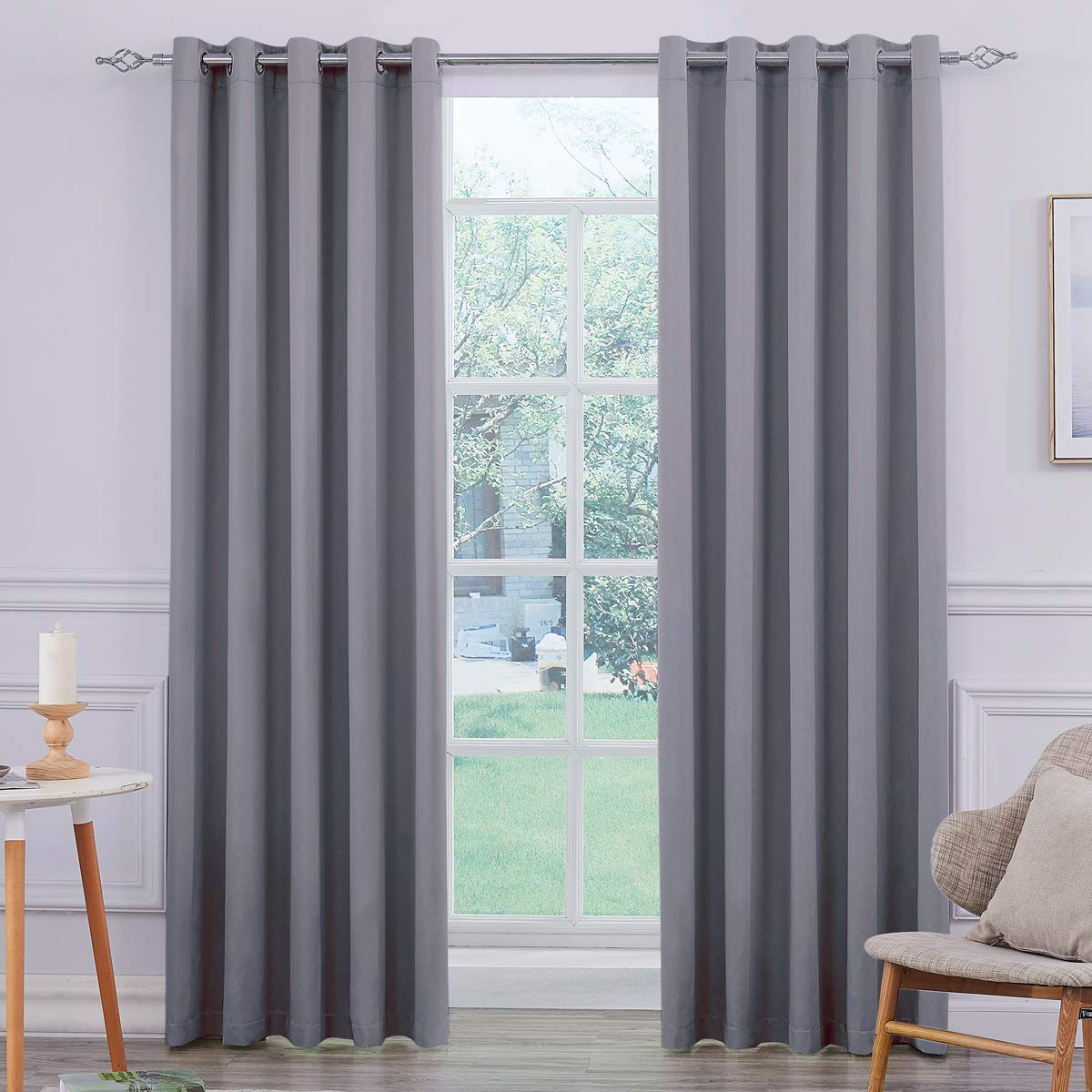 COASTLINE Ultra Soft Light Grey Satin Blackout Eyelet Curtain Window Treatment Drapes 2 panels for Bedroom, Livingroom, Kids Nursery Room W66 x L72 inch