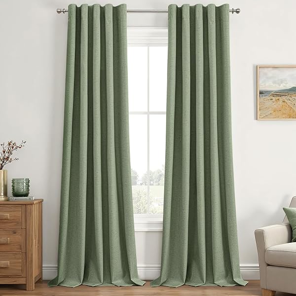 EMEMA OLIVE GREEN LINEN BLACKOUT CURTAINS 96 INCHES...