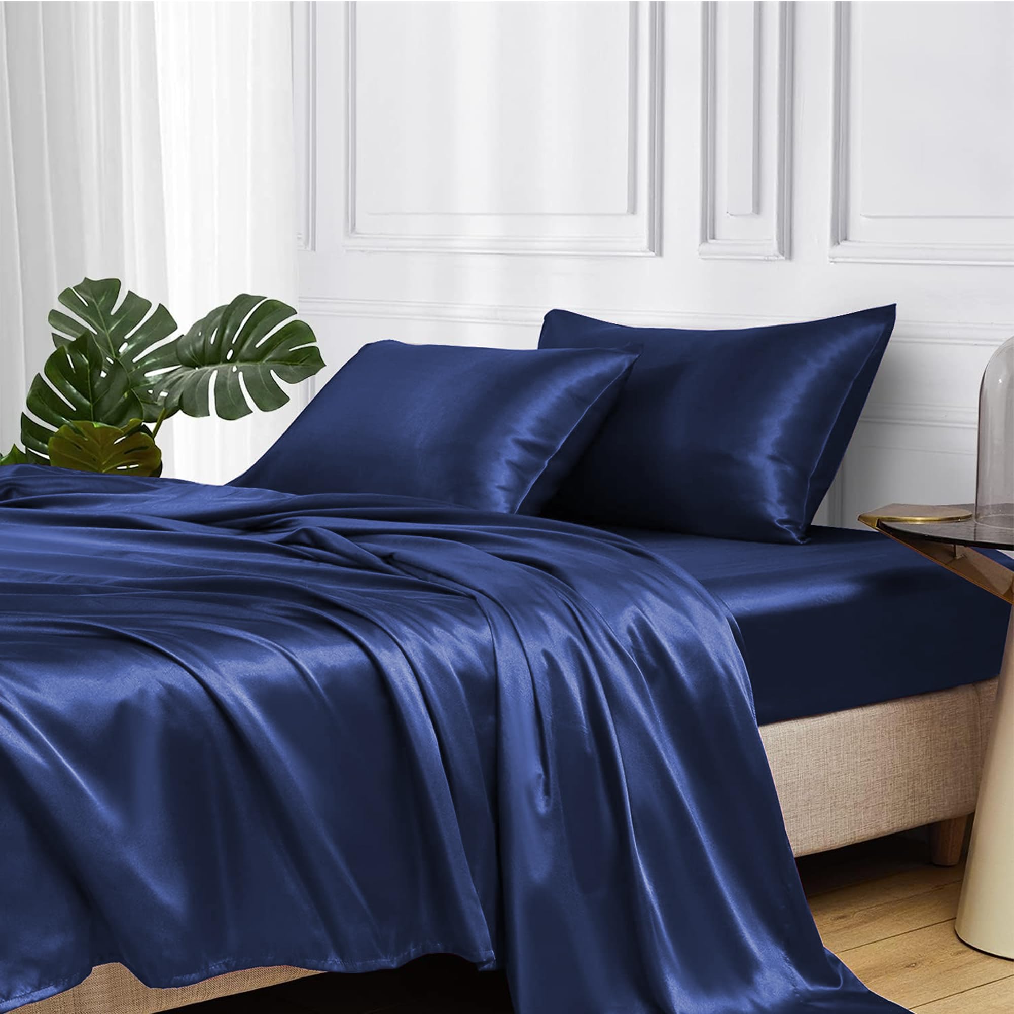 Photo 1 of MR&HM Satin Bed Sheets, Twin Size Sheets Set, 3 Pcs Silky Bedding Set with 15 Inches Deep Pocket for Mattress (Twin, Navy Blue)