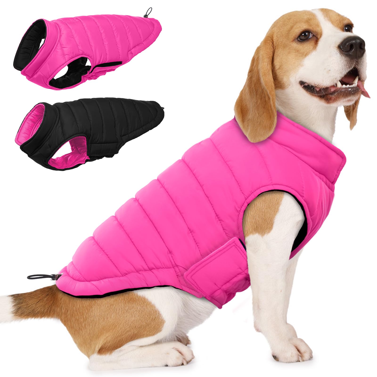 Lelepet Reversible Dog Winter Coat, Warm Waterproof Jacket for Medium Large dogs, Puppy Winter Puffer Jacket, Windproof Dog Vest, Easy on/Off, Rose Red L
