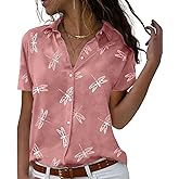 lomaiiest Women Floral Button Down Shirts Summer Short Sleeve Collared Button Down Printing Shirt Ladies Tops Pink