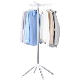 Beaudaily Clothes Drying Rack, Foldable Laundry Drying Rack, Indoor 59-Inch Drying Rack Clothing with 3 Rotatable Arms, Stainless Steel, Holds 27 Pieces, Space Saving, Portable, White and Silver