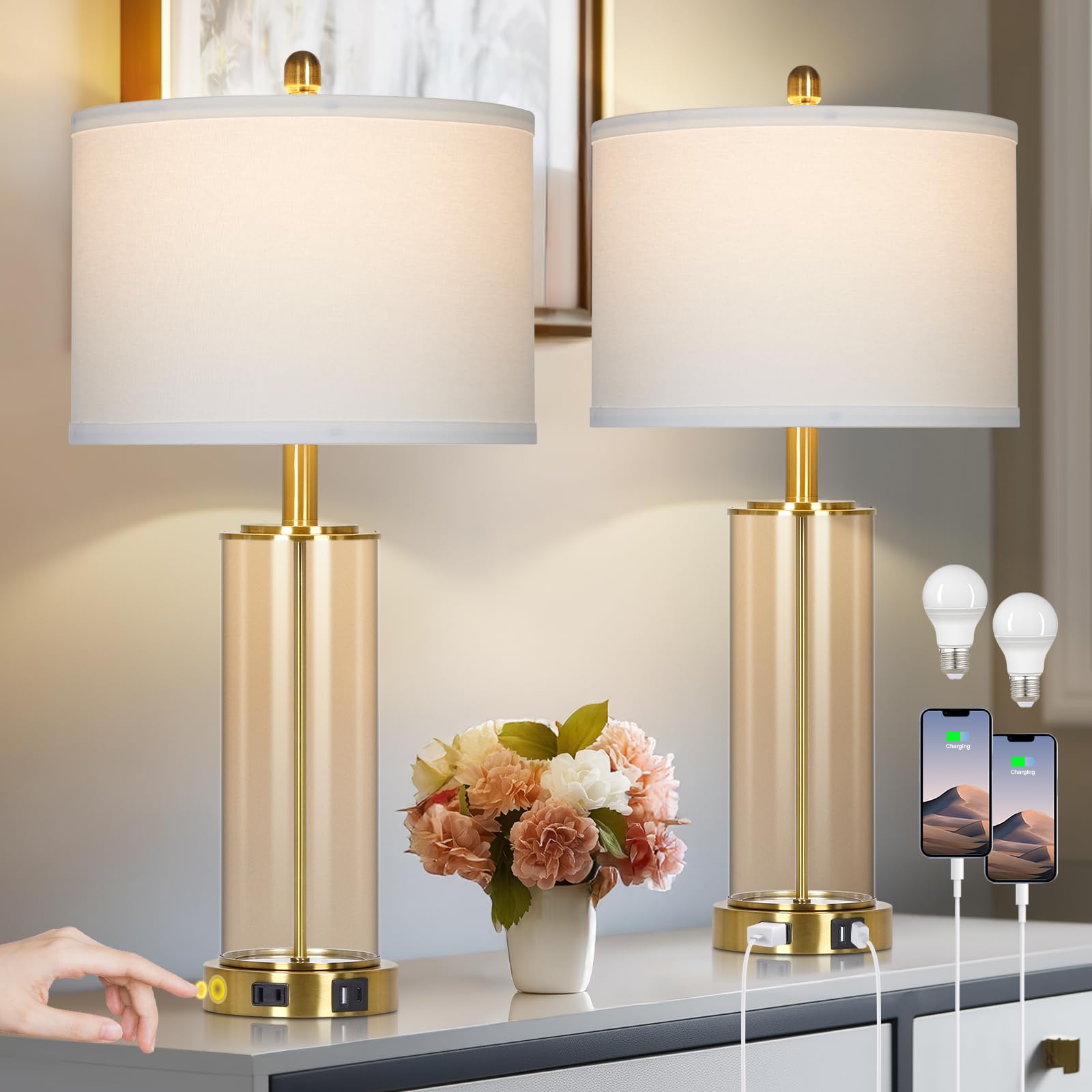 View 1 of 26" Modern Brown Glass Table Lamps Set of 2, Bedside Lamp with USB A+C Ports & AC Outlet, Living Room Lamps with 3-Way Dimmable Touch Control, Stylish Bedside Lamp for Bedroom Nightstand Dining Table