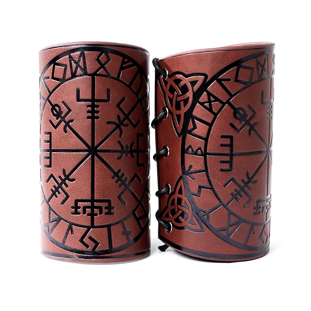 Thajaling 2 Pcs Leather Gauntlet Wristband Punk Bracer Leather Arm Guards Gauntlet Viking Runic Compass Embossed Arm Bracers, Medieval Leather Arm Guards, Archery Armguard (Brown)