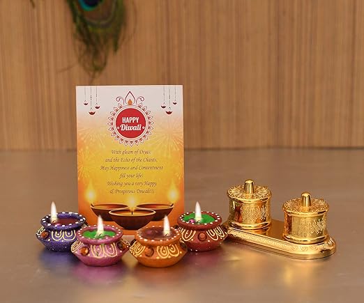 Diwali Gift Items Hampers for Family and friends Combo Set- Kumkum Dani Chandan Roli Box/Set of 4 Matki Wax Diya Candles Tealight For Diwali Gifts for Women Sister Wife Mother Employees Corporate