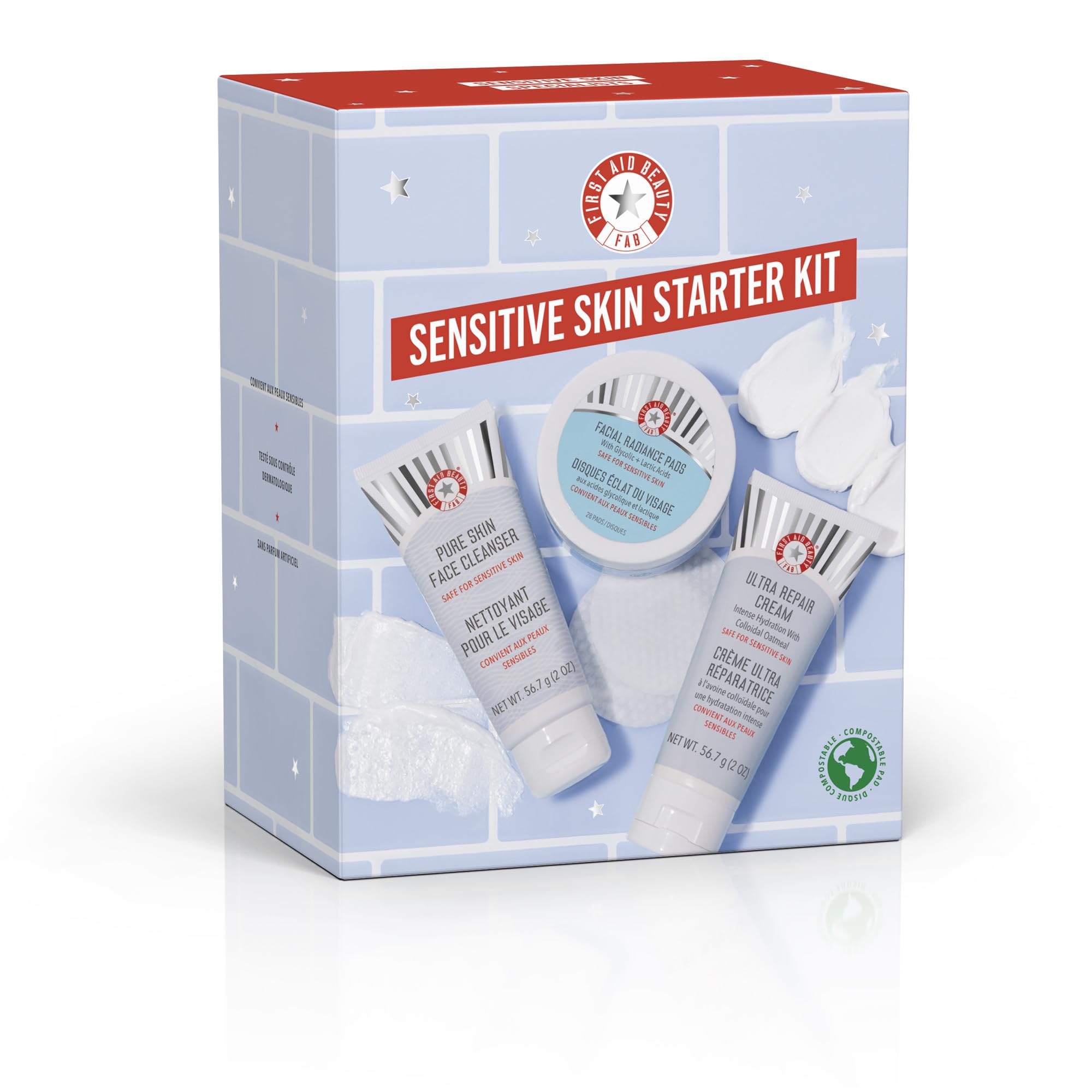 First Aid Beauty Sensitive Skin Starter Set – 3 Safe Products: Facial Radiance Exfoliating Pads, Pure Skin Face Cleanser & Ultra Repair Cream Moisturiser — image 1