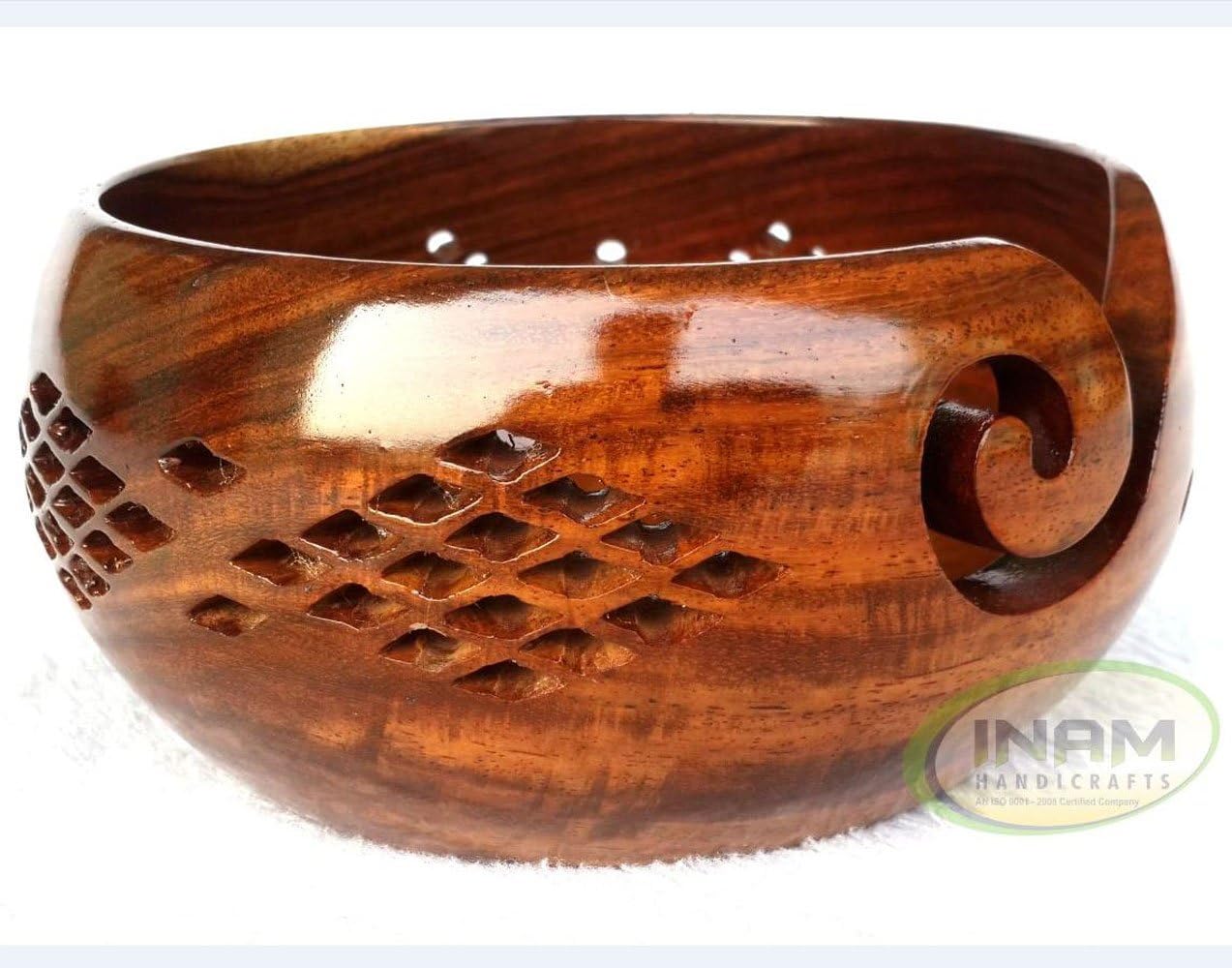 INAM HANDICRAFTS Sheesham Wood Crafted Wooden Yarn Storage Bowl With Carved Holes & Drills, Knitting Crochet Accessories, 6 x 6 x 3 inches