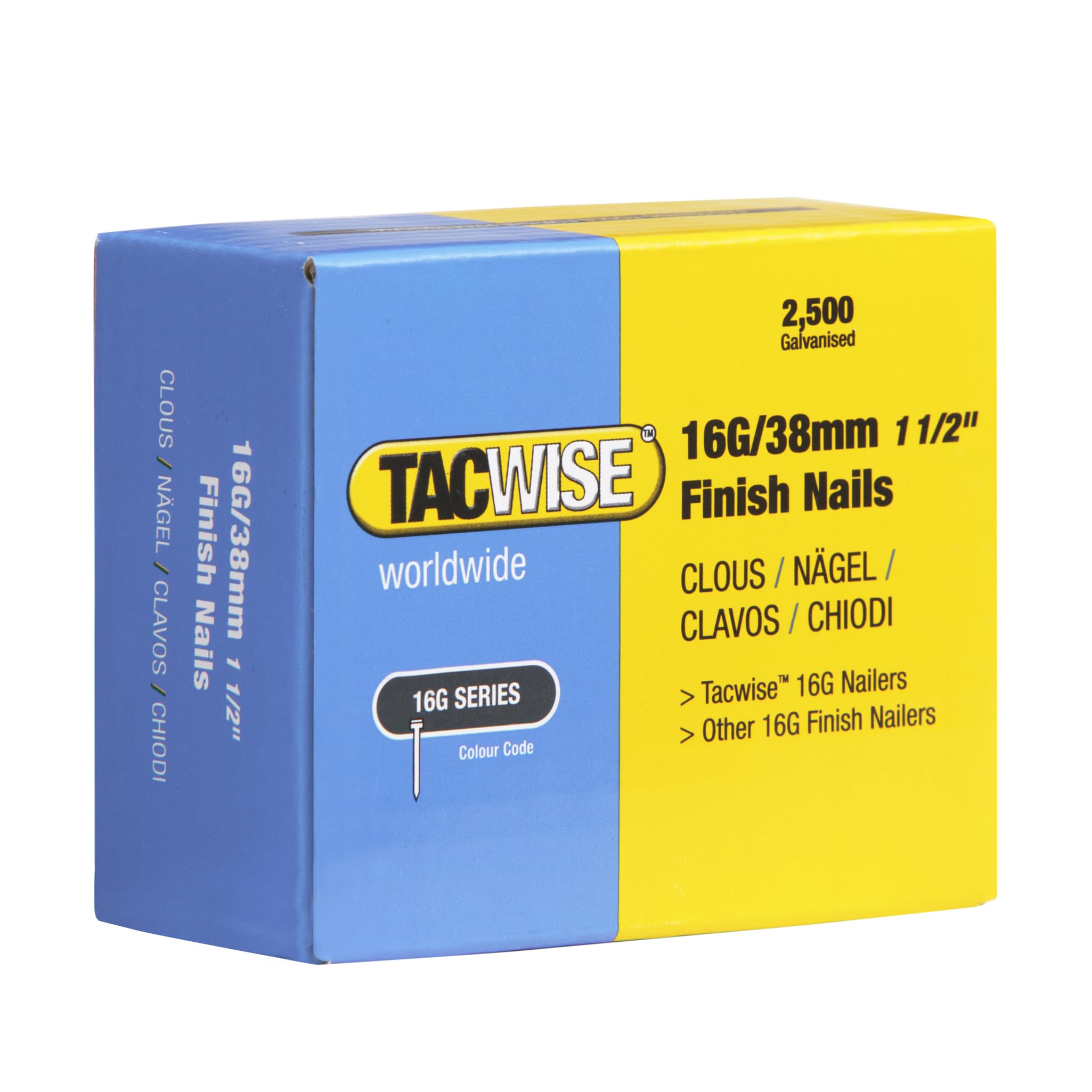 Tacwise 0296 Type 16G / 38 mm Galvanised Finish Nails, Pack of 2500