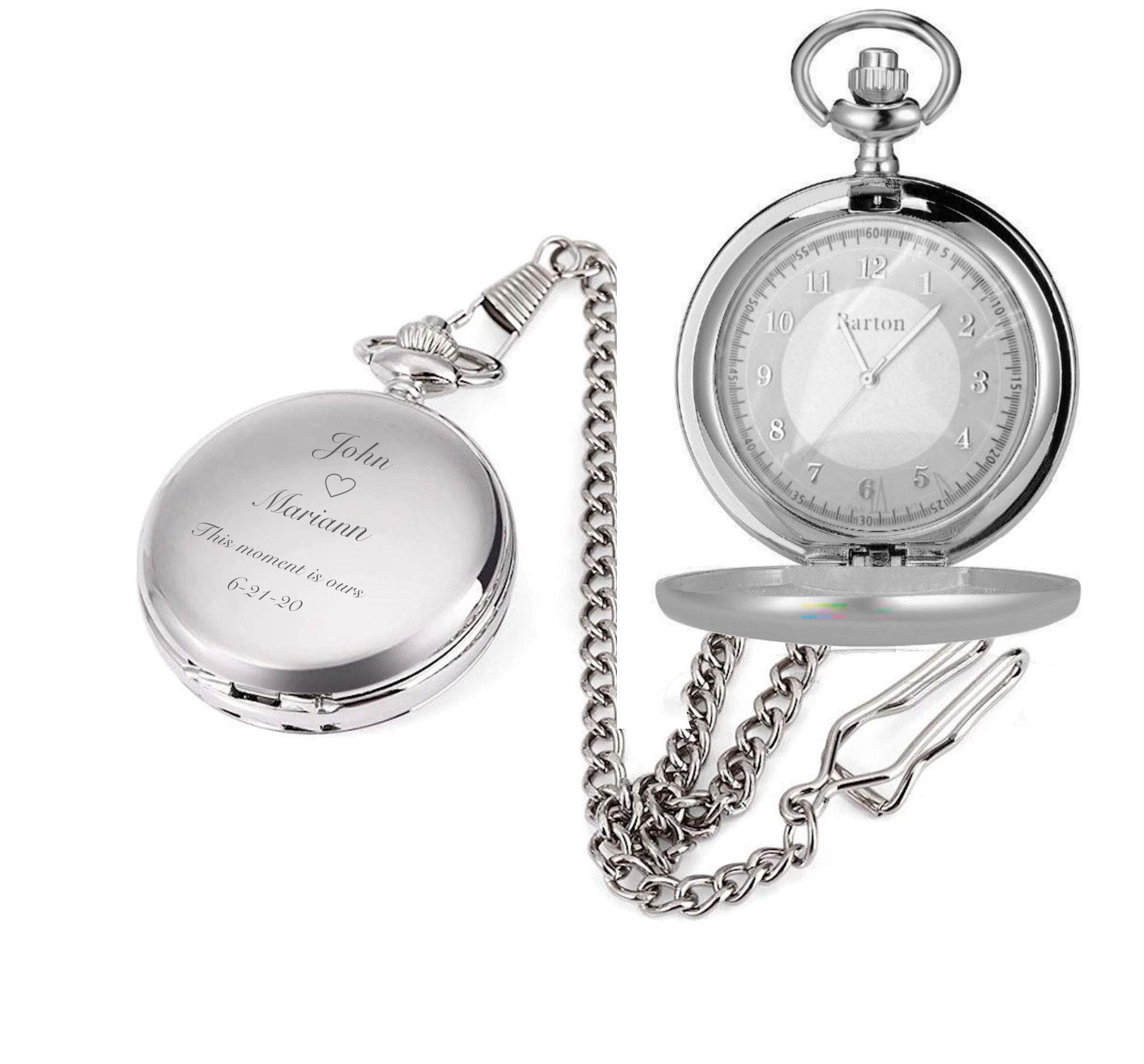 Personalized Silver Pocket Watch with Glass Cover Custom Engraved Free - Stainless Steel Timepiece with Gift Box, Free Engraving - Ships from USA