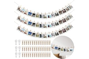 Hanging Photo Display Wall Decor with 45 Wood Clips, YuanDe 67 Inches Boho Wooden Bead Garland Collage Picture Frame Photos String DIY, Photo Hanger for Bedroom Office Dorm Room Decor Gifts(3PCS)