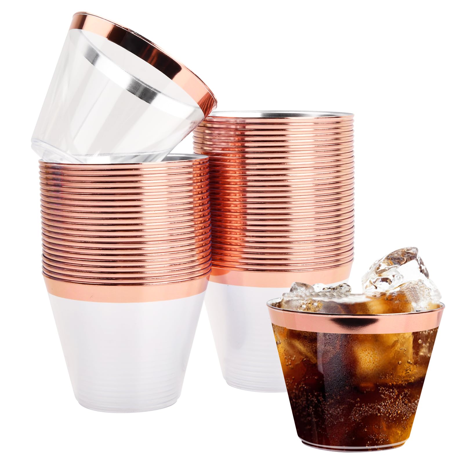 Zsanhua 50PCS Plastic Cups with Rose Gold Rim | 9oz 270ml Disposable Wine Cups Stack-able Reusable Wine Glasses Elegant Party Cups for Champagne Beer Cocktail Martini Soda Dessert