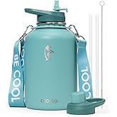 Coolflask Insulated Water Bottle 64 oz with Straw, Half Gallon Large Water Jug with Straw & Spout Lids, Vacuum Stainless Steel Metal Flask, Keep Cold 48h Hot 24h, Leak Proof & Non-BPA, Agate Green