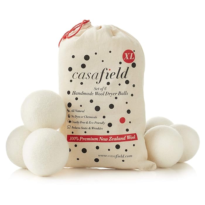 Casafield Set of 6 Organic Wool Dryer Balls - Extra Large 100% New Zealand Sheep's Wool - Laundry Fabric Softener/Sheet Alternative