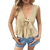 Cicy Bell Womens Babydoll Tank Tops V Neck Bow Tie Front Sleeveless Summer Shirts Sexy Peplum Flowy Flared Tops