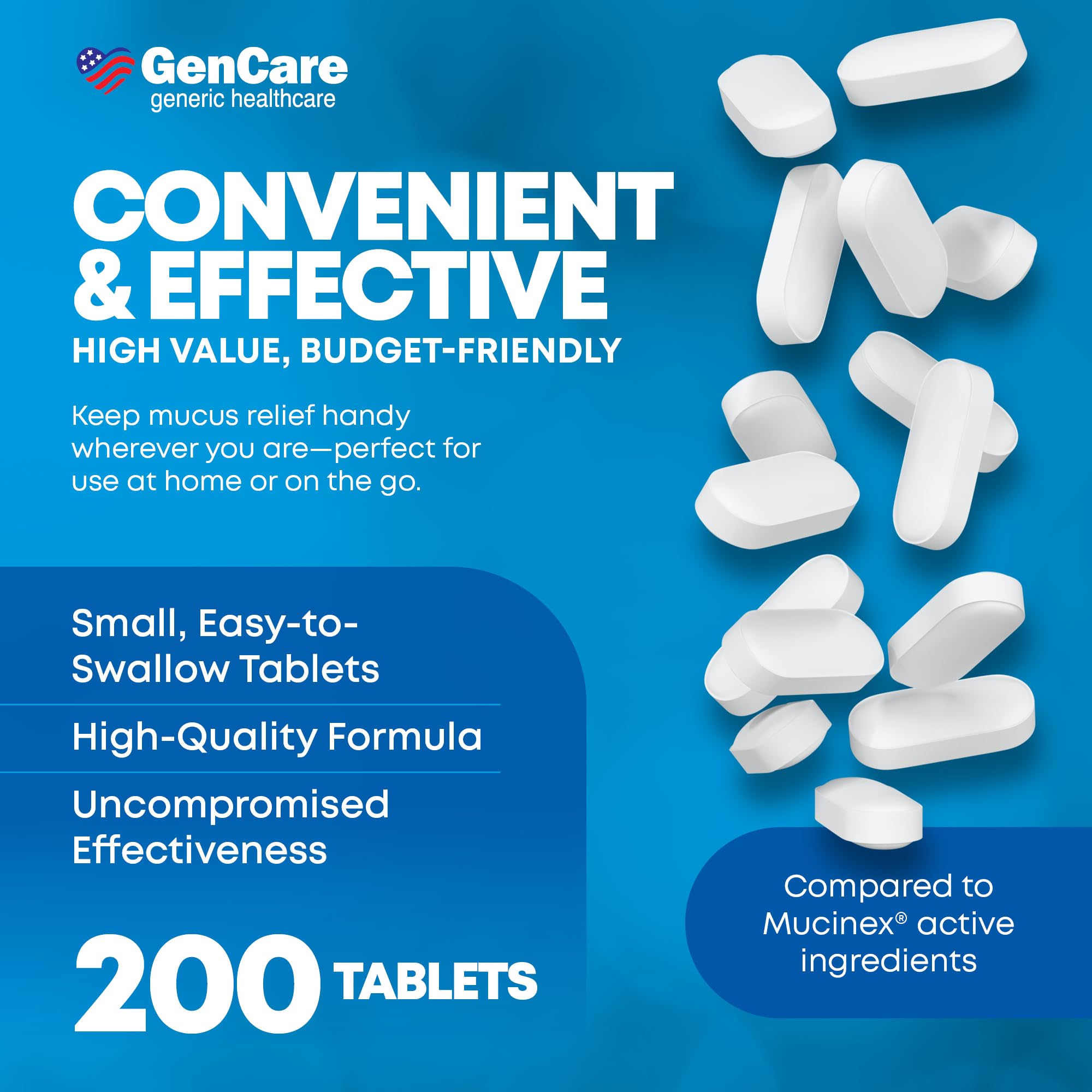 GenCare Mucus Relief Expectorant Guaifenesin 400 mg 200 Tablets Value Pack - Fast Acting Thinning of Mucus for Colds, Chest Congestion, Flu, Coughing and Allergies
