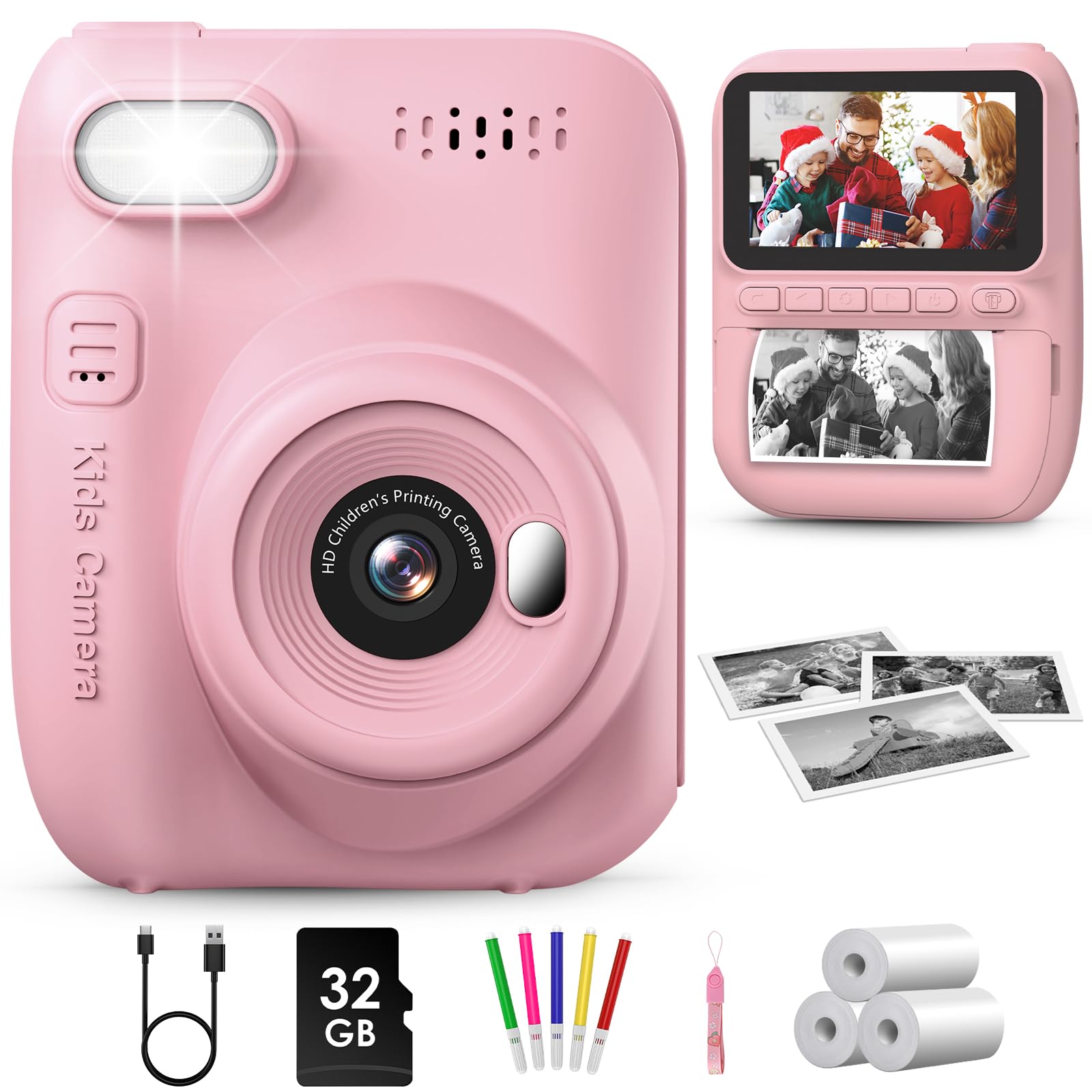 GREENKINDER Kids Camera Instant Print, 3.0'' Large Screen Instant Camera for Kids, 1080P Kids Digital with 32GB Card & 3 Rolls Print Paper, Gift Toy Selfie for Girls Age 3-12, Pink