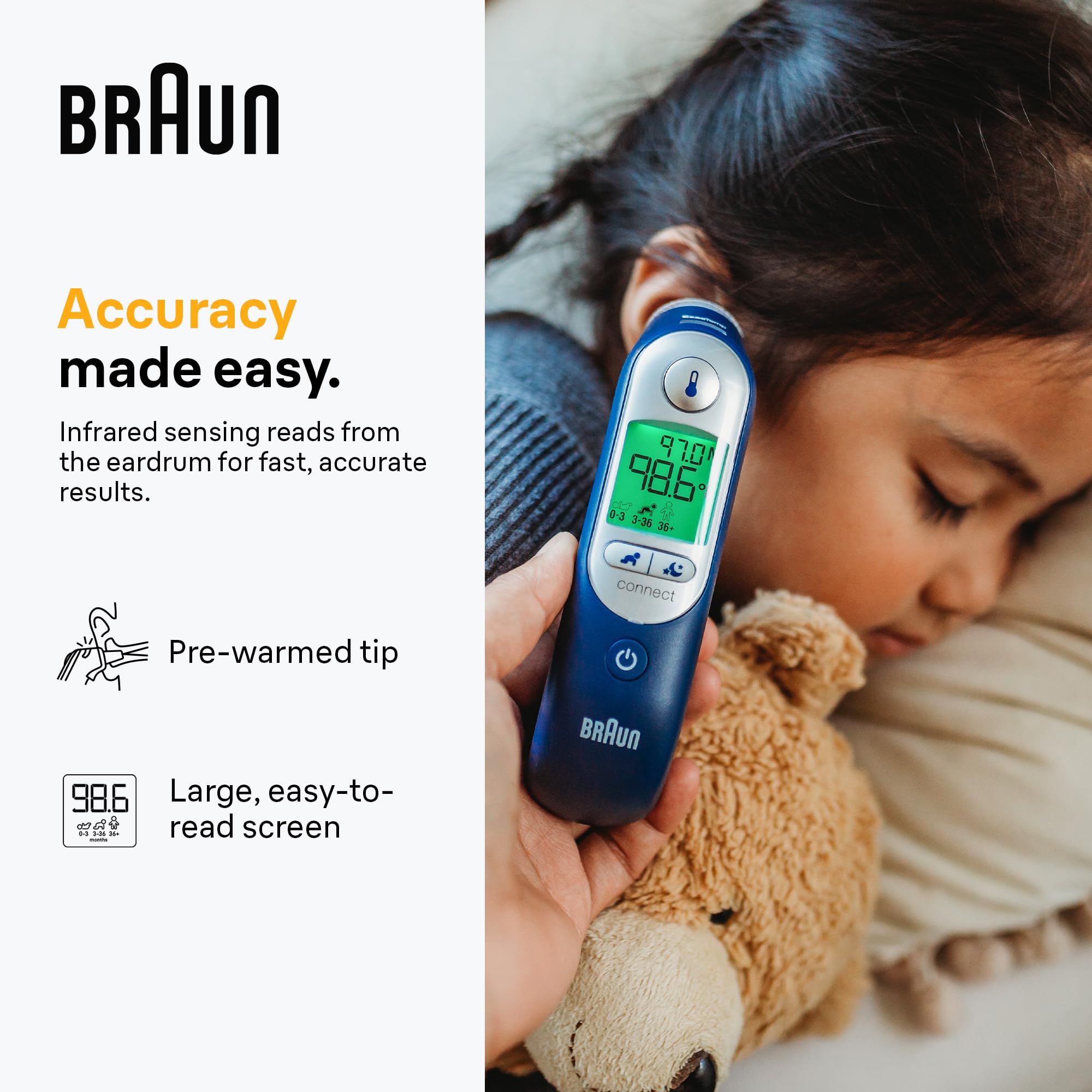 Braun ThermoScan 7+ Connect Digital Ear Thermometer - Family Care App Compatible, Age Precision Technology, Color-Coded Display, No. 1 Brand Recommended by Pediatricians