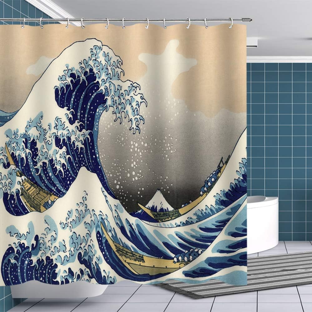 BTTY Hokusai Great Wave Shower Curtain Fabric Ocean Boat Japan Mount Fuji Shower Curtains Sets with Hooks Art Shower Curtain Boys Bathroom Decor Artwork Printed Curtains Tapestry Backdrop 70x70 Inches