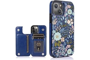 uCOLOR Flip Leather Wallet Case Card Holder Compatible with iPhone 13 6.1 iPhone 14 6.1 Women and Girls with Card Holder Kickstand (Navy Flowers)