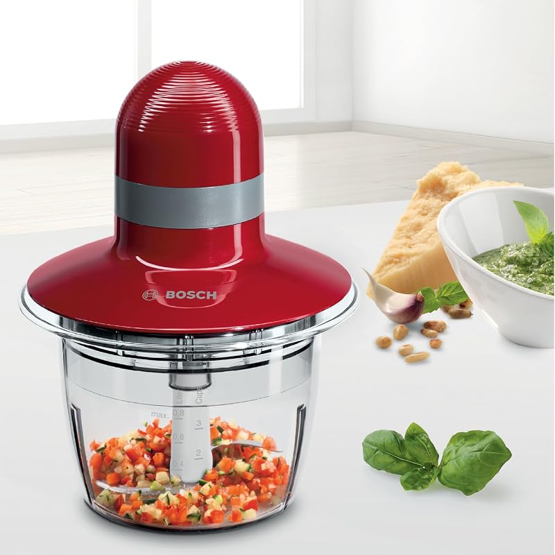 Bosch - Picador, 400 W, Rojo, gris, Cuchillas acero inoxidable, Recipiente 800 ml, MMR08R2