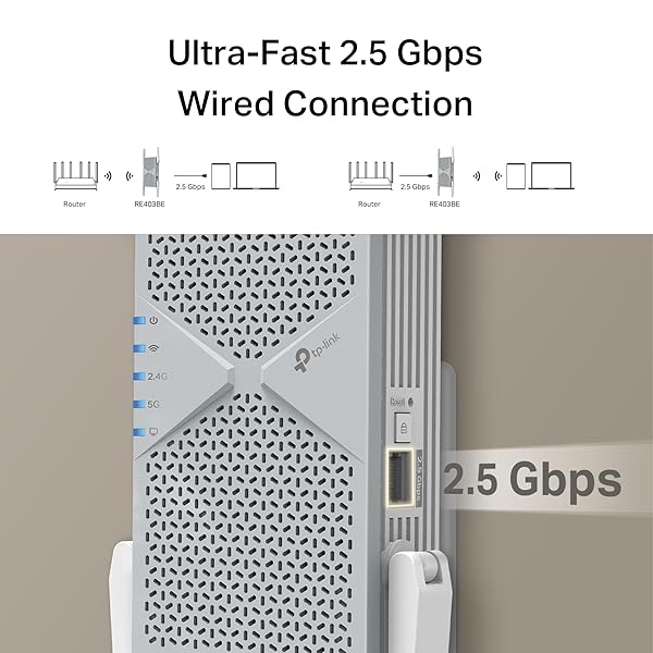 TP-LINK BE6300 WI-FI 7 RANGE EXTENDER RE403BE W/ 2.5G PORT | 6.3 GBPS DUAL-BAND WIRELESS REPEATER | INTERNET SIGNAL BOOSTER FOR HOME | UP TO 2800 SQ.FT, 64 DEVICES | MLO, EASYMESH | NO 6 GHZ BAND